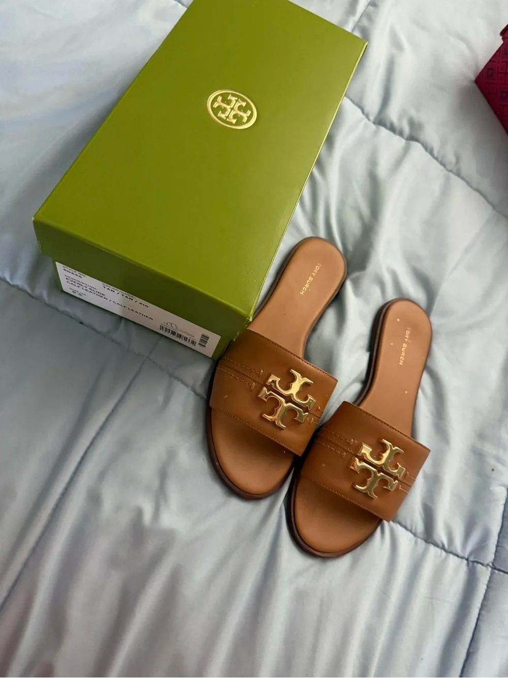 Tory Burch Tan Leather Logo Slide Sandals with Gold Emblem